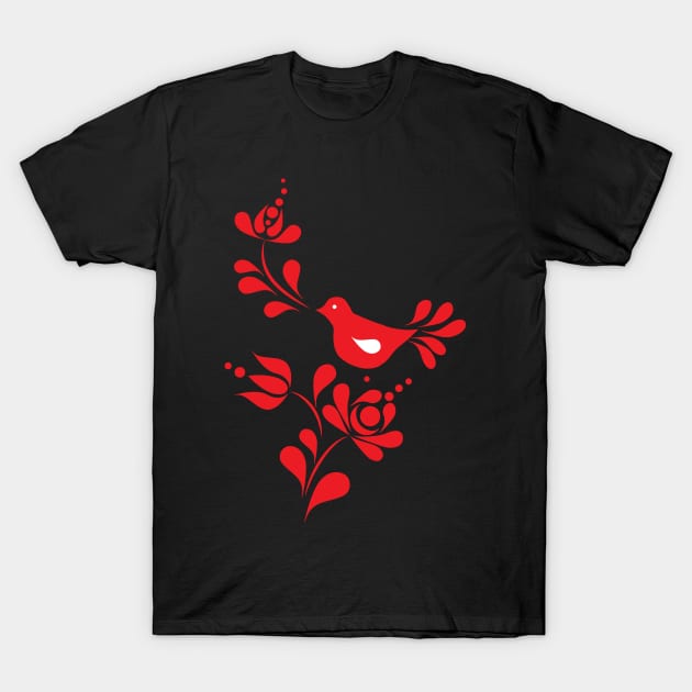 Spring bird and flower in red illustration T-Shirt by GalfiZsolt
